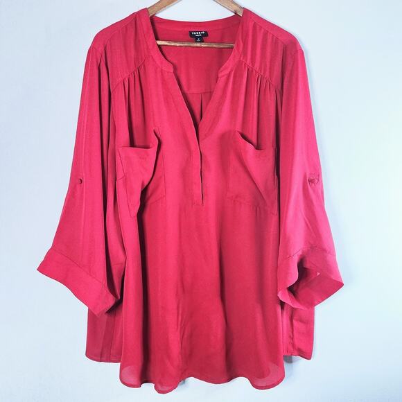 torrid Tops - Torrid Womens Red Harper Georgette 3/4 Roll Tab Sleeve Blouse Size 4X Flowy